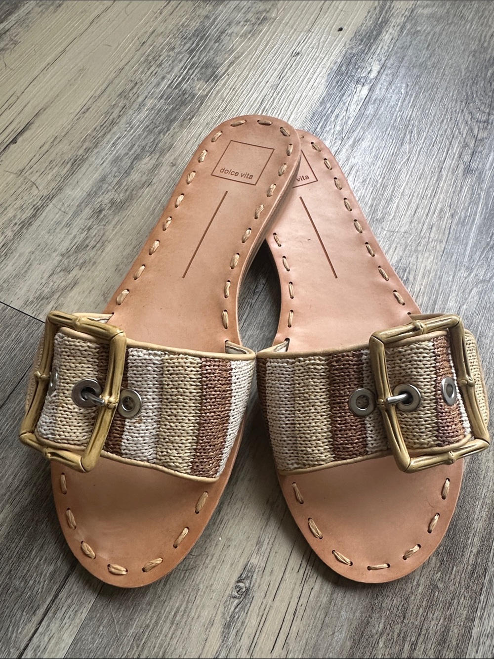 Dolce Vita Beige and Brown Striped Buckle Slide Sandals